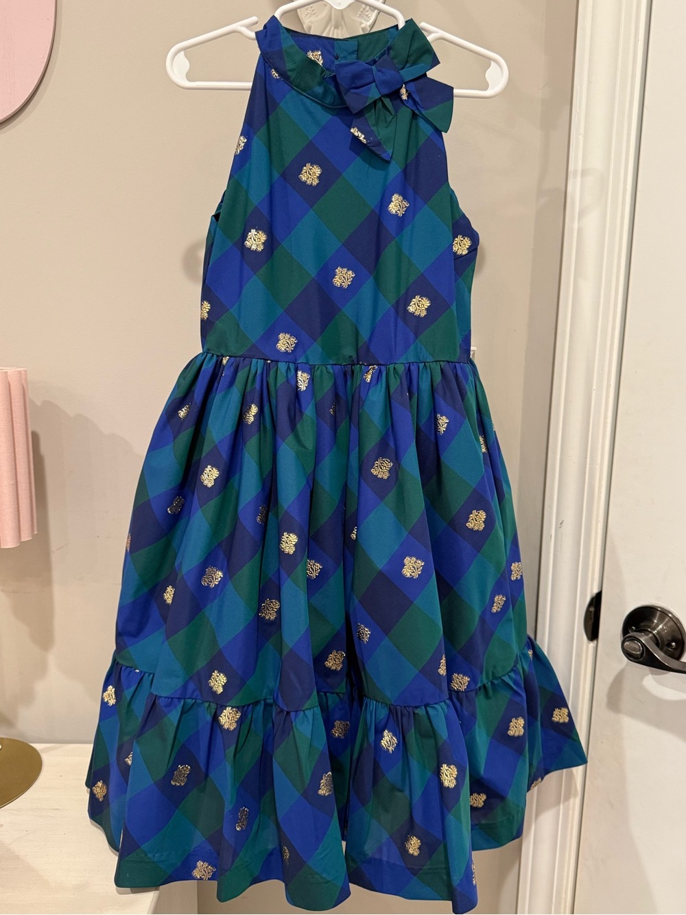 Girls Blue & Green Plaid Bow Neck Dress with Gold Accents